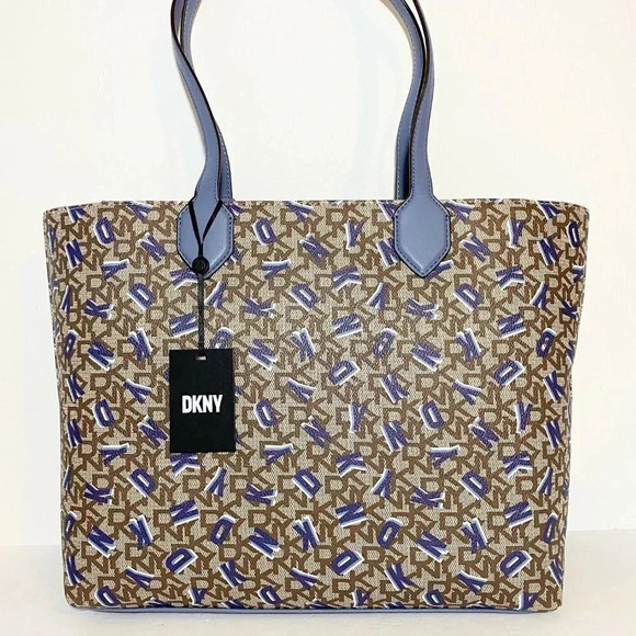DKNY Shoulder Tote Satchel Bag Monogram Print Blue, Brown NWT - Picture 8 of 13